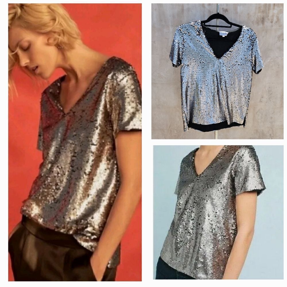 Anthropologie Vanessa Virginia silver sequined v neck